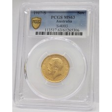 AUSTRALIA 1917 . ONE 1 SOVEREIGN . SYNDEY . GOLD . PCGS MS63